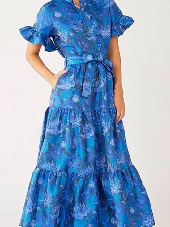 Blue jacquard Floral Tiered Midi Dress - Picture 3 of 11